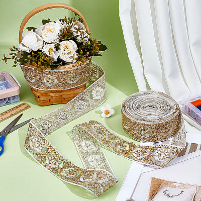 10 Yards Organza Embroidery Flower Ribbons with Paillettes SRIB-WH0011-202B-1