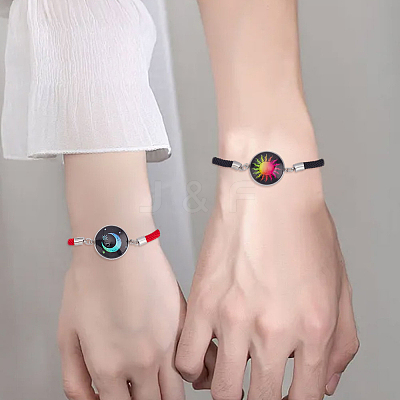 1 Set 2Pcs Valentine's Day Luminous 304 Stainless Steel Glass Flat Round Link Bracelet Sets BJEW-LP0001-35A-1