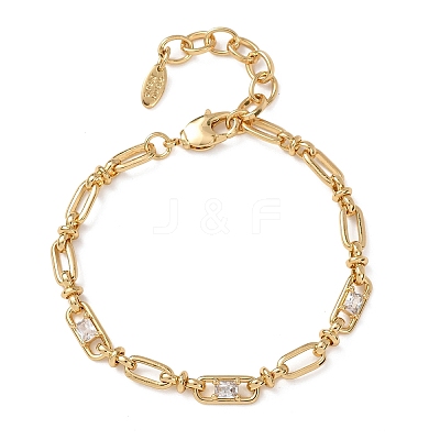 Oval & Paperclip Brass Micro Pave Cubic Zirconia Link Chain Bracelets for Women BJEW-D458-02G-02-1
