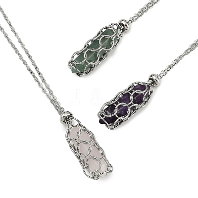3Pcs 3 Styles Natural Rose Quartz & Green Aventurine & Amethyst Macrame Pouch Faceted Bullet Pendant Necklaces NJEW-JN05090-1