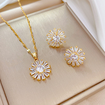 Brass Micro Pave Cubic Zirconia Pendant Necklace & Stud Earrings WG7AC39-34-1
