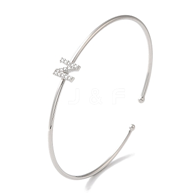 Rack Plating Brass Micro Pave Clear Cubic Zirconia Letter Open Cuff Bangles BJEW-A018-01P-N-1