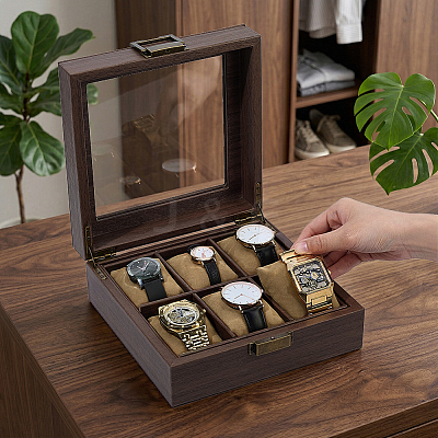 6-Slot Clear Glass Window Imitation Leather Watch Organizer Boxes with Velveteen Pillow Inside and Alloy Clasps Outside CON-WH0089-285-1