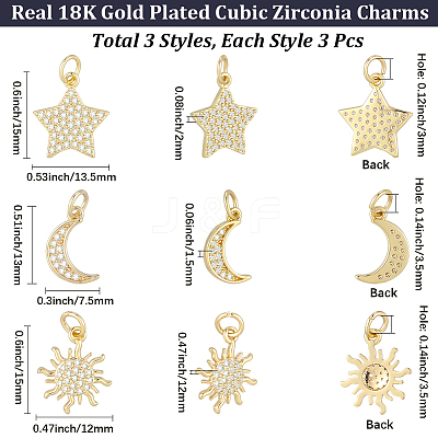9Pcs 3 Styles Brass Micro Pave Cubic Zirconia Pendants ZIRC-BBC0003-75-1