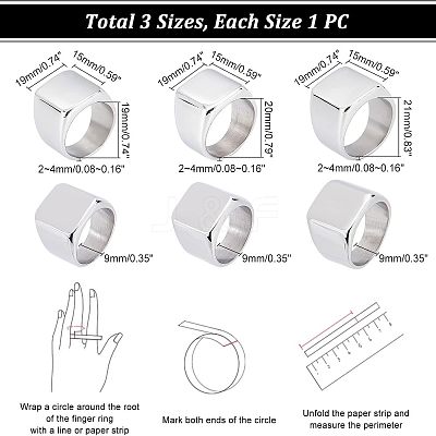 3Pcs 3 Size 304 Stainless Steel Rectangle Signet Finger Rings RJEW-UN0001-26P-1