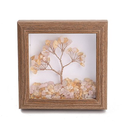 Natural Rose Quartz and Yellow Quartz Chips Tree of Life with Wooden Photo Frame Decorations DJEW-B013-04G-1