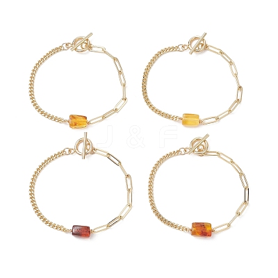 Rectangle Natural Amber Bead Link Bracelets BJEW-JB13365-1