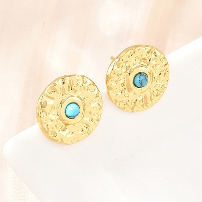304 Stainless Steel Synthetic Turquoise Center Textured Round Stud Earrings for Women SA-CBAB549-03G-1