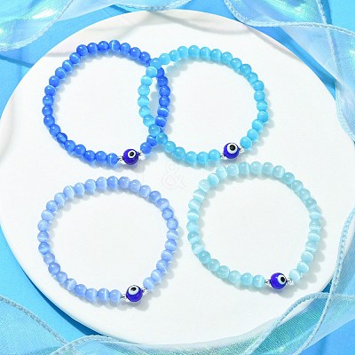 Cat Eye & Evil Eye Lampwork Beaded Stretch Bracelet BJEW-JB09803-1