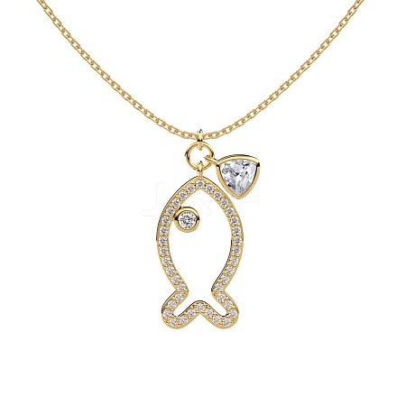 Summer Beach 925 Sterling Silver Micro Pave Clear Cubic Zirconia Cable Chain Fish Outline Pendant Necklaces NJEW-Q342-11G-1