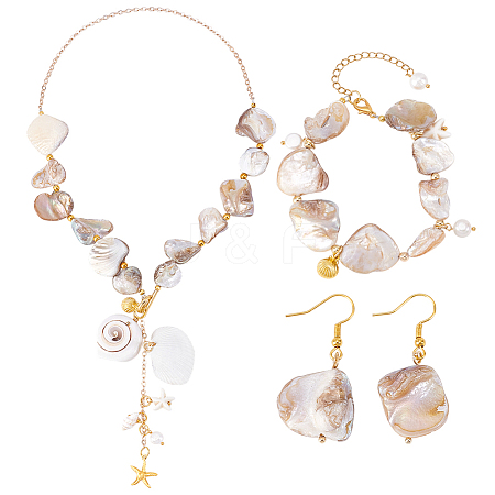 Natural Shell & Natural Cultured Freshwater Pearl Necklacrs & Dangle Earrings & Bracelets Set for Women SJEW-PH01393-01-1