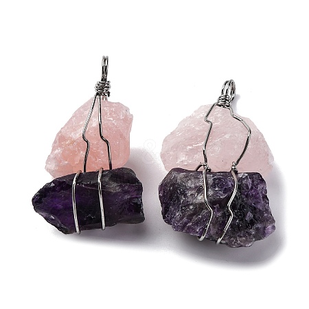 Natural Amethyst & Rose Quartz Nuggets Big Pendants G-K338-43P-02-1