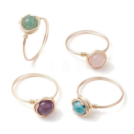 4Pcs 4 Styles Round Natural Green Aventurine & Amethyst & Hemimorphite & Rose Quartz Finger Rings Sets RJEW-TA00147-1