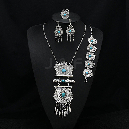 Flat Round Alloy with Resin Pendant Necklace & Stud Dangle Earring & Link Bracelet & Ring FS-WGB1F06-14-1