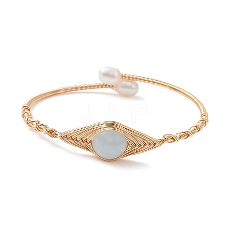 Natural Aquamarine & Pearl Cuff Bangle BJEW-JB10119-01-1