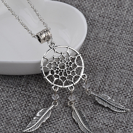 Bohemian Alloy Woven Web/Net with Feather Pendant Necklaces WGDF18F-01-1