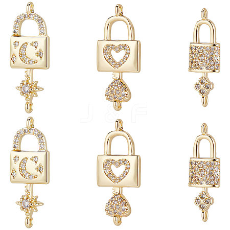 Beebeecraft 6Pcs 3 Styles Brass Micro Pave Clear Cubic Zirconia Connector Charms KK-BBC0002-94-1