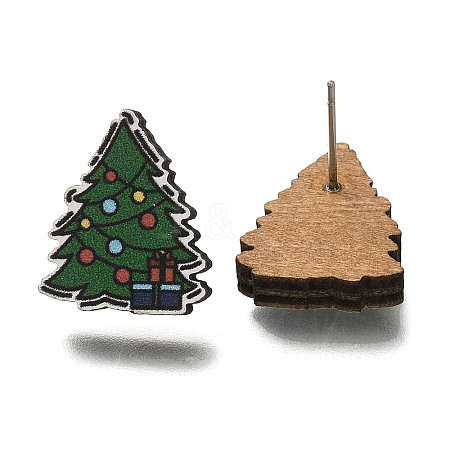 Christmas Printed Wood Stud Earrings for Women EJEW-U025-01I-1