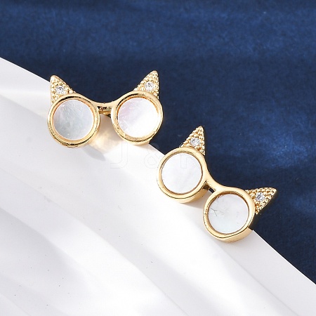 Cat Ear Glasses Brass Micro Pave Clear Cubic Zirconia Stud Earrings KK-D363-17G-1