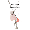Natural Rose Quartz Perfume Bottle Pendant Necklace with Staninless Steel Butterfly Flower and Tassel Charms BOTT-PW0002-068B-1