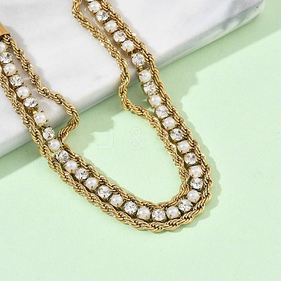 304 Stainless Steel & Rhinestone Rope Chain Double Layer Bracelets for Women BJEW-F540-07G-1