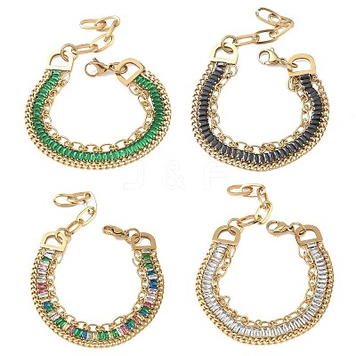 304 Stainless Steel & Glass Double Layers Chain Bracelets for Women BJEW-F540-10G-1