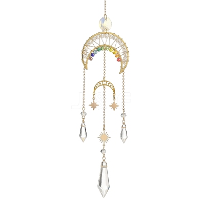 Star Moon Brass & Rainbow Chakra Glass Beads Suncatchers HJEW-TA00502-1