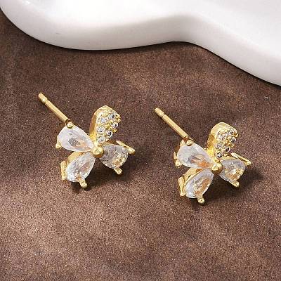 Flower Brass Micro Pave Clear Cubic Zirconia Stud Earrings EJEW-F400-01A-G-1