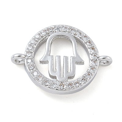Rack Plating Brass Micro Pave Clear Cubic Zirconia Flat Round with Hamsa Hand Connector Charms KK-A234-039P-1