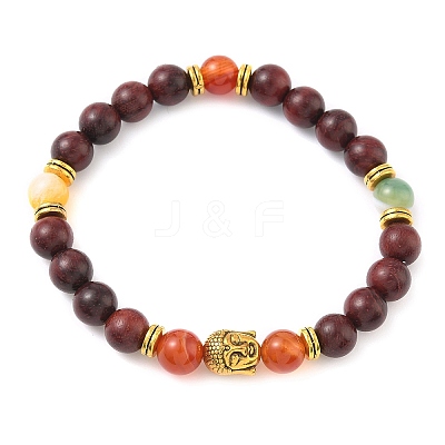 Natural Striped Agate & Wood Round Beads Stretch Bracelets for Men Women BJEW-JB12356-02-1