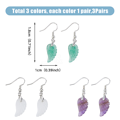 3 Pairs 3 Styles Natural Mixed Gemstone Wings Dangle Earrings with Brass Pins for Women EJEW-FI0003-19-1