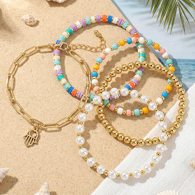 5Pcs 304 Stainless Steel & Handmade Heishi Polymer Clay/Glass Seed Bead/Plastic Bead Stretch Bracelet Sets AF7427-1-1