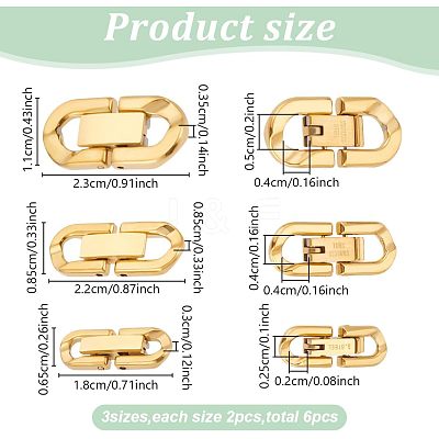 6Pcs 3 Styles 304 Stainless Steel Fold Over Clasps STAS-PH0006-08-1