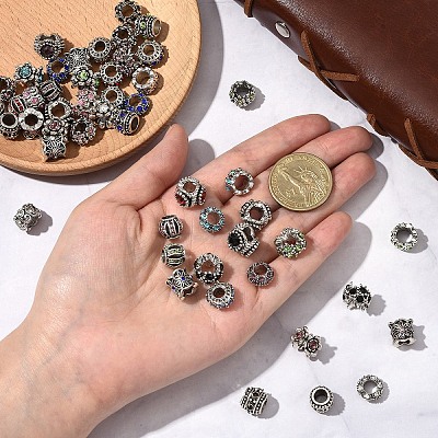 50Pcs 10 Styles Antique Silver Plated Metal Alloy Rhinestone European Beads ALRI-YW0001-29-1