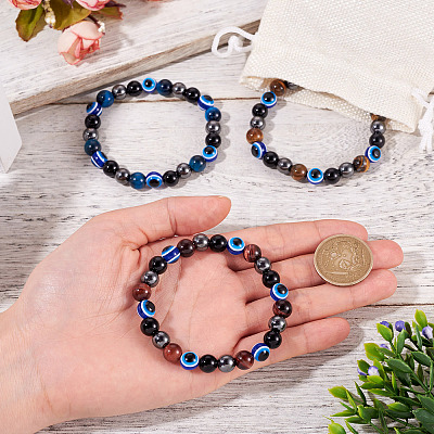 10MM Round Natural Tiger Eye & Obsidian & Evil Eye Bead Stretch Bracelets for Women Men BJEW-TA0001-19-1