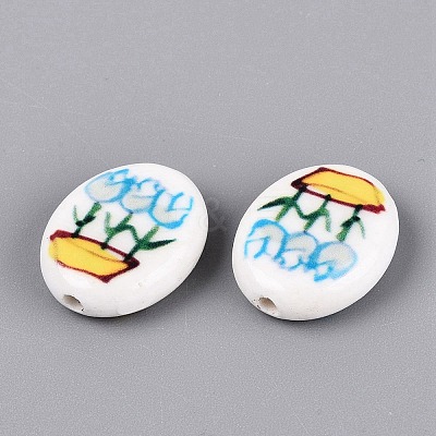 Hand Painted Tulip Flower Oval Porcelain Beads PORC-N012-11F-1