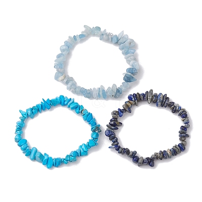 3Pcs Natural Aquamarine & Natural Lapis Lazuli & Synthetic Turquoise Chip Beaded Stretch Bracelet Sets BJEW-JB10861-1