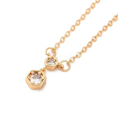 Brass Pave Clear Cubic Zirconia Cable Chain Hexagon Pendant Necklaces for Women NJEW-U006-02C-KCG-1