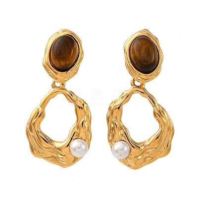 304 Stainless Steel Tiger Eye Stone Oval Dangle Stud Earrings EJEW-R027-02G-1
