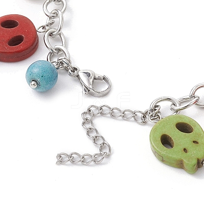 Halloween Dyed Synthetic Turquoise Skull Pendant Brass Cable Chains Bracelets BJEW-TA00471-1
