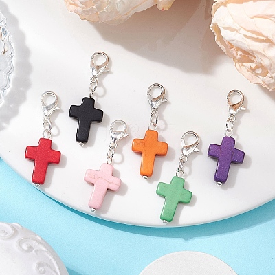 6Pcs Synthetic Turquoise Cross Pendant Decorations HJEW-JM02499-1