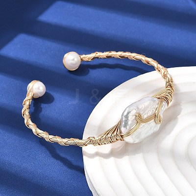 Brass Wire Wrapped Natural Baroque Pearl Cuff Bangles for Women BJEW-D453-02G-1