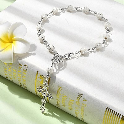 Acrylic Round with Cross Pattern Beaded Charm Bracelets for Women BJEW-JB11347-01-1