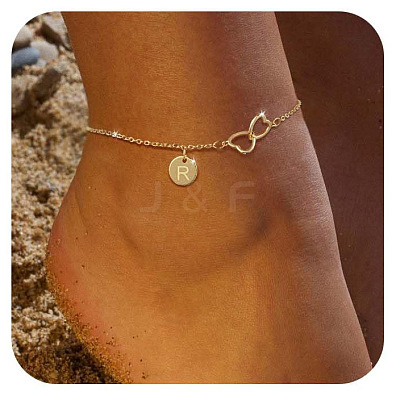 Brass Double Heart Link Flat Round Initial Charm Anklets for Women FS-WGA84B7-21-1
