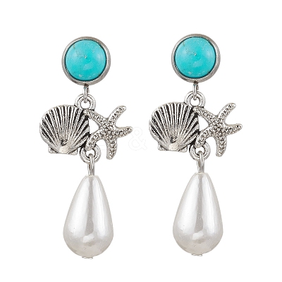 ABS Plastic Imitation Pearl & Alloy Dangle Stud Earrings EJEW-JE06300-01-1