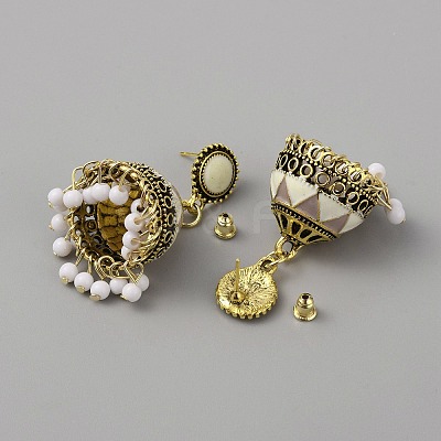 Ethnic Style 3D Enamel Bell with Seed Beeded Dangle Stud Earrings EJEW-WH0047-33C-1