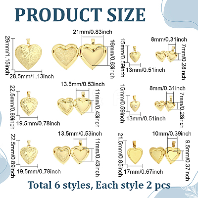 12Pcs 6 Styles Brass Locket Pendants KK-ME0004-25-1