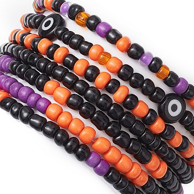 7Pcs 7 Styles Evil Eye & Word Glass & Lampwork Beaded Stretch Bracelet Sets BJEW-JB10447-1