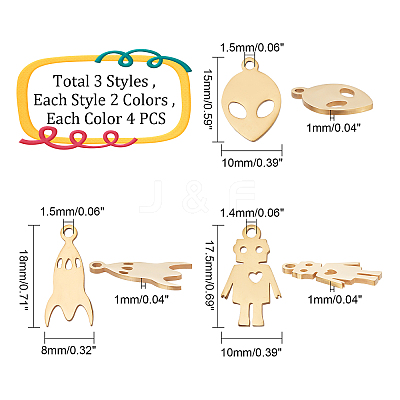 24Pcs 6 Style 201 Stainless Steel Laser Cut Pendants STAS-DC0008-58-1