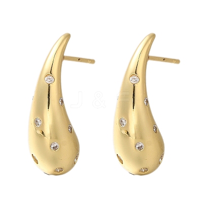 Rack Plating Teardrop Brass Micro Pave Clear Cubic Zirconia Stud Earrings EJEW-H143-18G-1